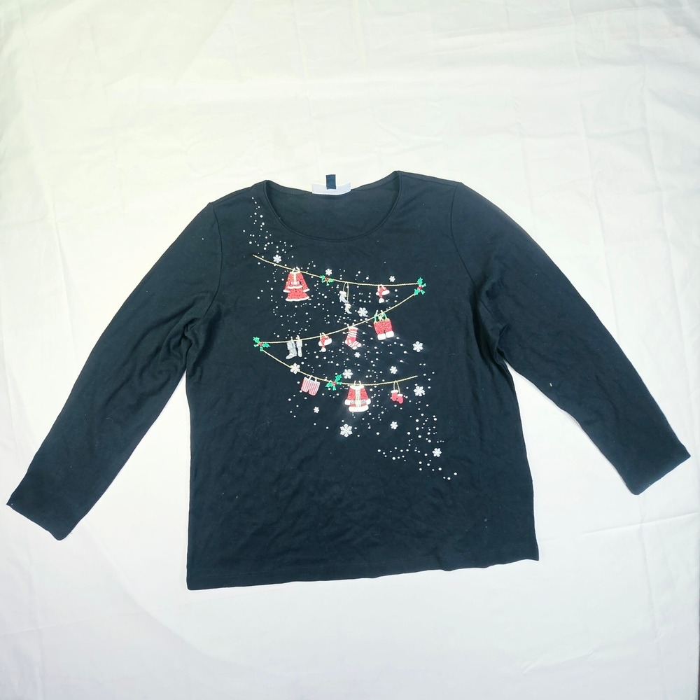 Karen Scott Women's XXL Christmas Holiday Laundry Line Graphic Long Sleeve Black